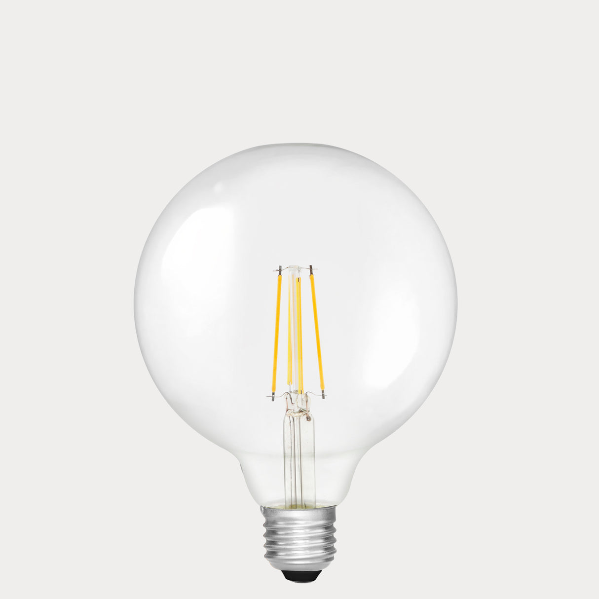 Dulora 7W E27 LED globe bulb in clear glass, shown unlit.