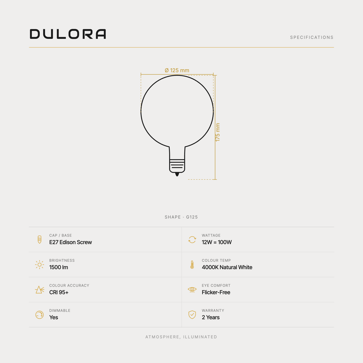 Dulora 12W G125 LED Globe E27 Clear in Natural White, specifications
