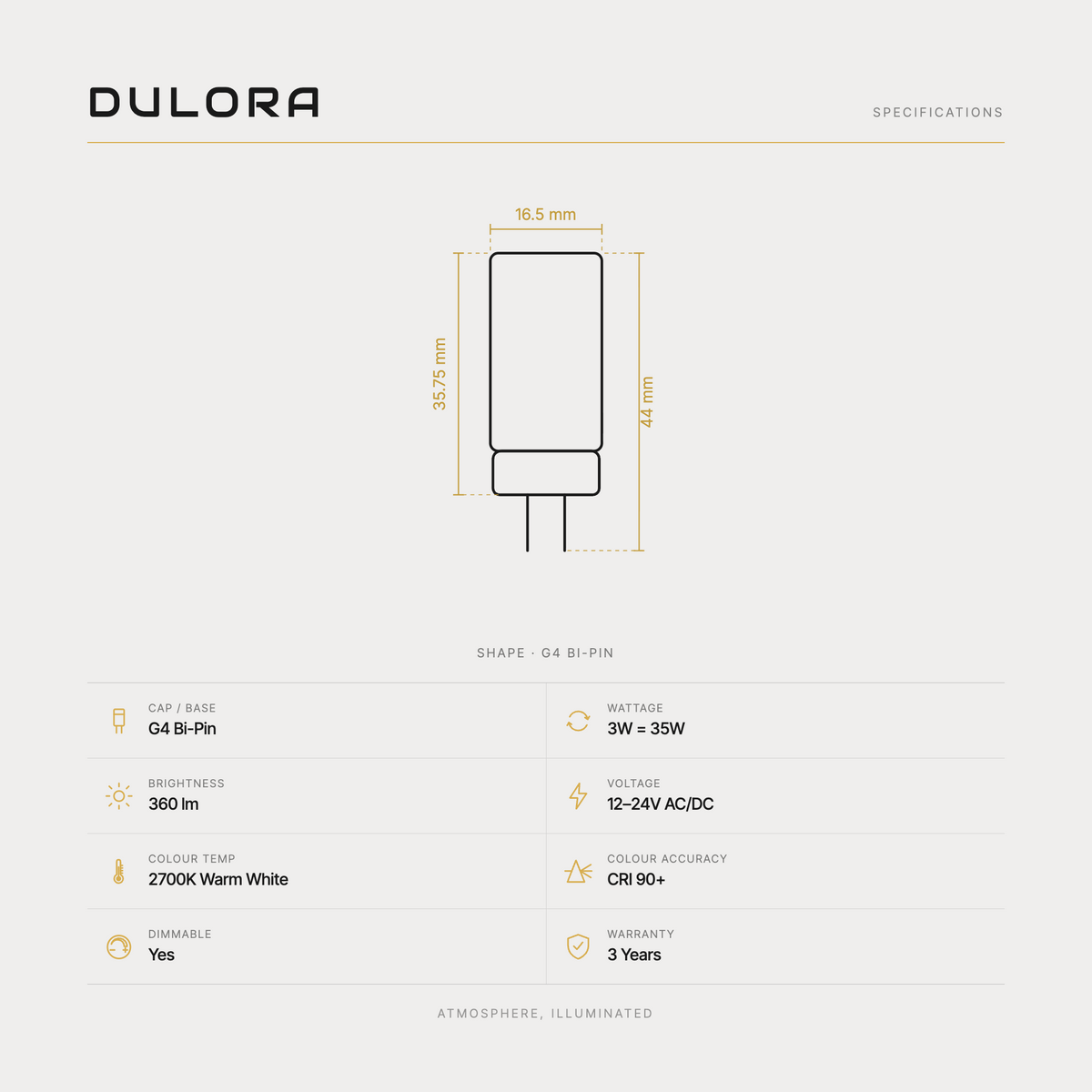 Dulora 3W G4 12-24V AC/DC Bi-Pin LED Bulb specifications