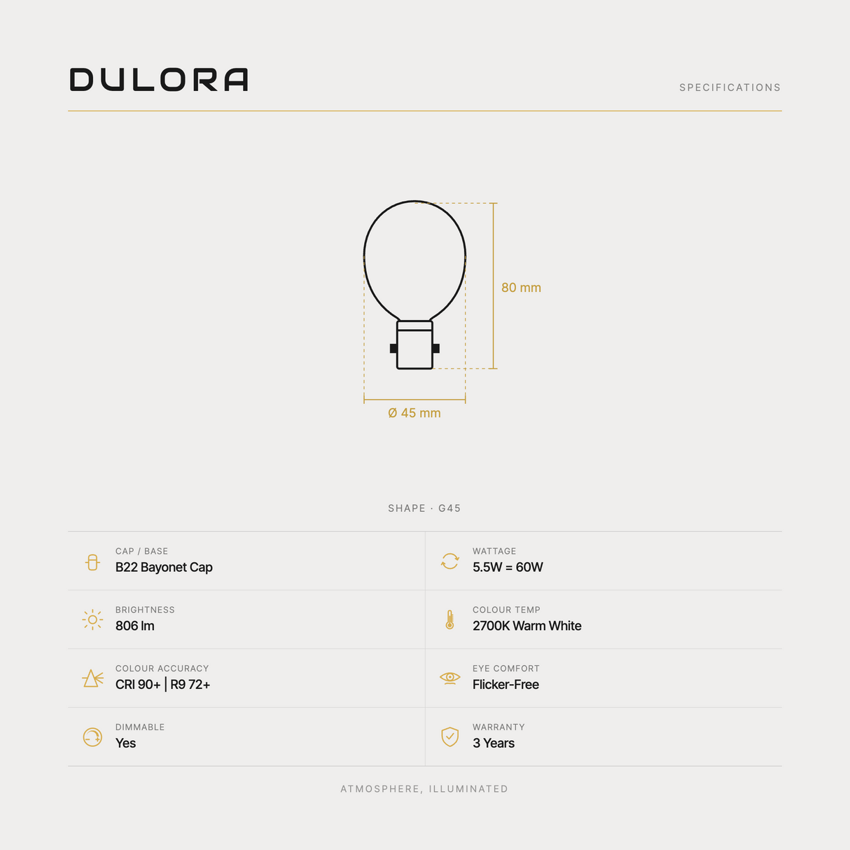 Dulora 5.5W G45 fancy round LED bulb B22 frost specifications: 806 lm, 2700K warm white, CRI 90+ and R9 72+, dimmable, flicker-free, 3 year warranty, 80mm by 45mm