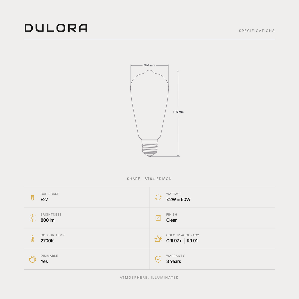 Dulora 7.2W ST64 Edison LED bulb E27 specifications: 800 lumens, 2700K, CRI 97+ R9 91, dimmable, 3-year warranty