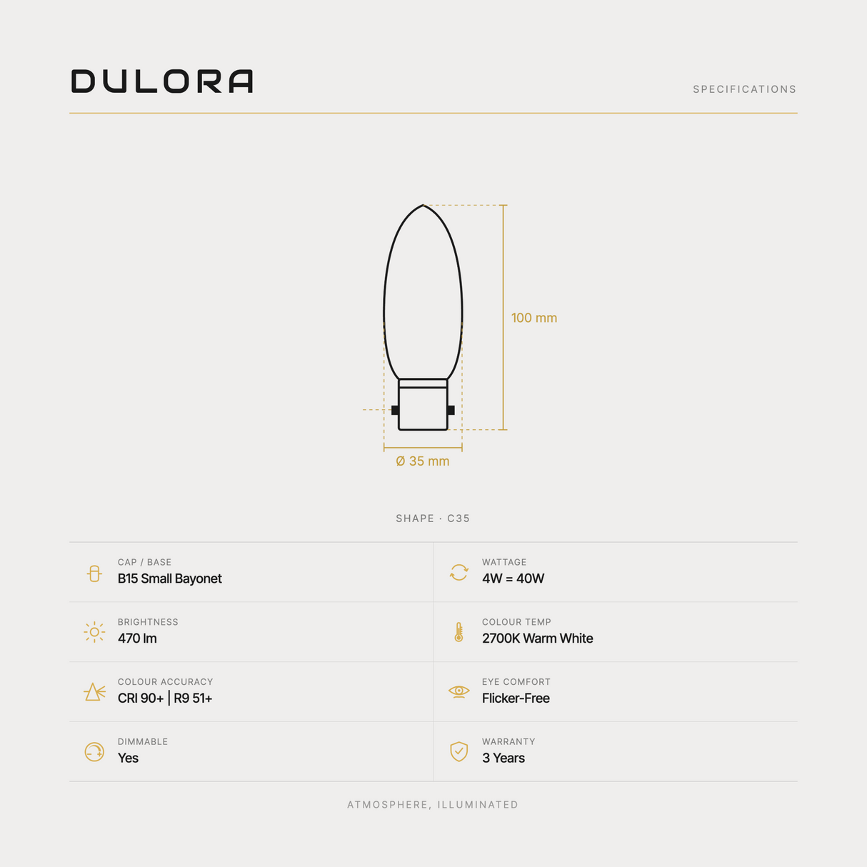 Dulora 4W C35 candle LED bulb B15 clear specifications: 470 lm, 2700K warm white, CRI 90+ | R9 51+, dimmable, flicker-free, 3 year warranty, 100mm by 35mm