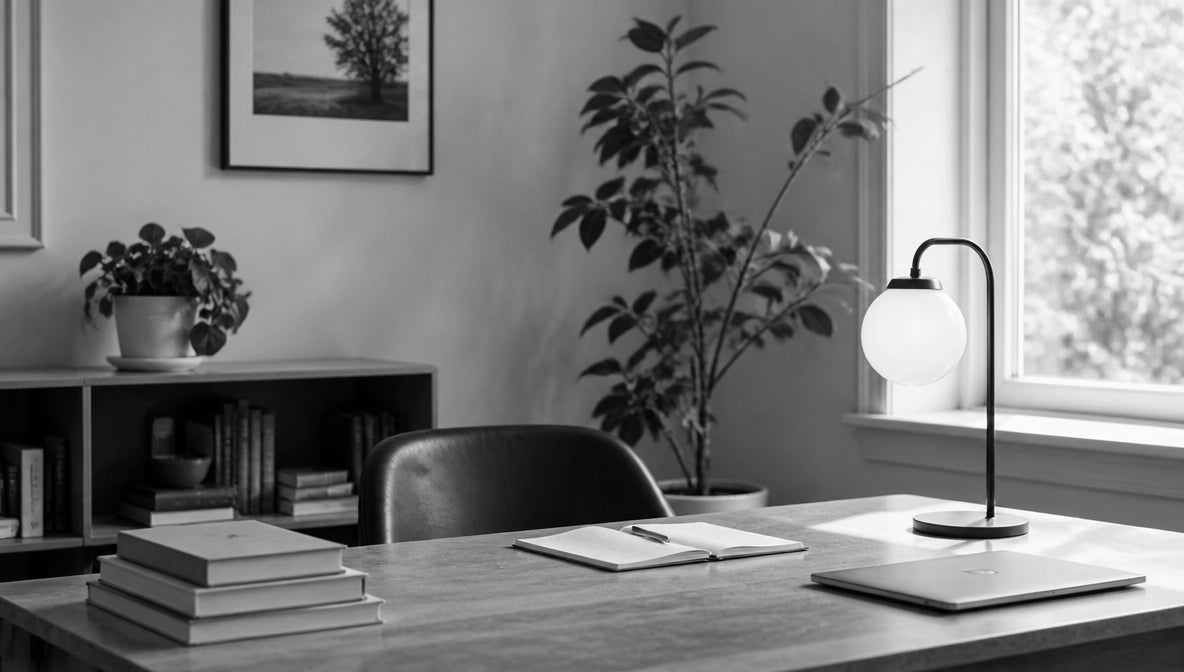 A well-lit home study with a pendant lamp fitted with a natural white globe, casting clean, daylight-quality light across a wood desk, open book, and potted plant.