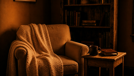Dimly lit living room glowing with warm amber 1800K light from a single unseen source, evoking Dulora's Sunset Dim atmosphere