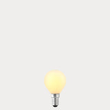 Dulora 4W 24 Volt DC Fancy Round LED Bulb E14 Opal in Warm White glowing softly through opal glass