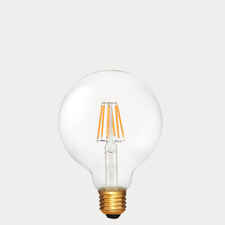 Dulora 6W E27 LED globe bulb in clear glass with 24V compatibility, shown unlit.