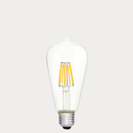 Dulora 8W E27 LED Edison-style bulb in clear glass with AC/DC compatibility, shown unlit.