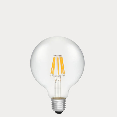 Dulora 8W E27 LED globe bulb in clear glass with AC/DC compatibility, shown unlit.