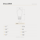 Dulora 1W 24 Volt DC S14 Shatterproof LED Bulb E27 specifications: S14 shape, 90 lumens, 2200K, CRI 80+, E27, 24V DC low-voltage, dimmable, 2-year warranty