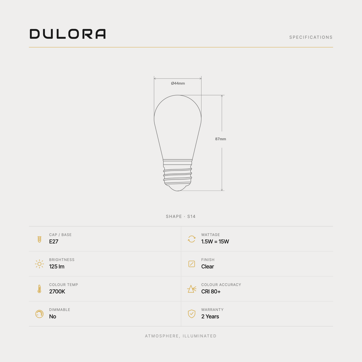 Dulora 1.5W S14 Shatterproof LED Bulb E27 specifications: S14 shape, 125 lumens, 2700K, CRI 80+, E27, 240V, non-dimmable, 2-year warranty