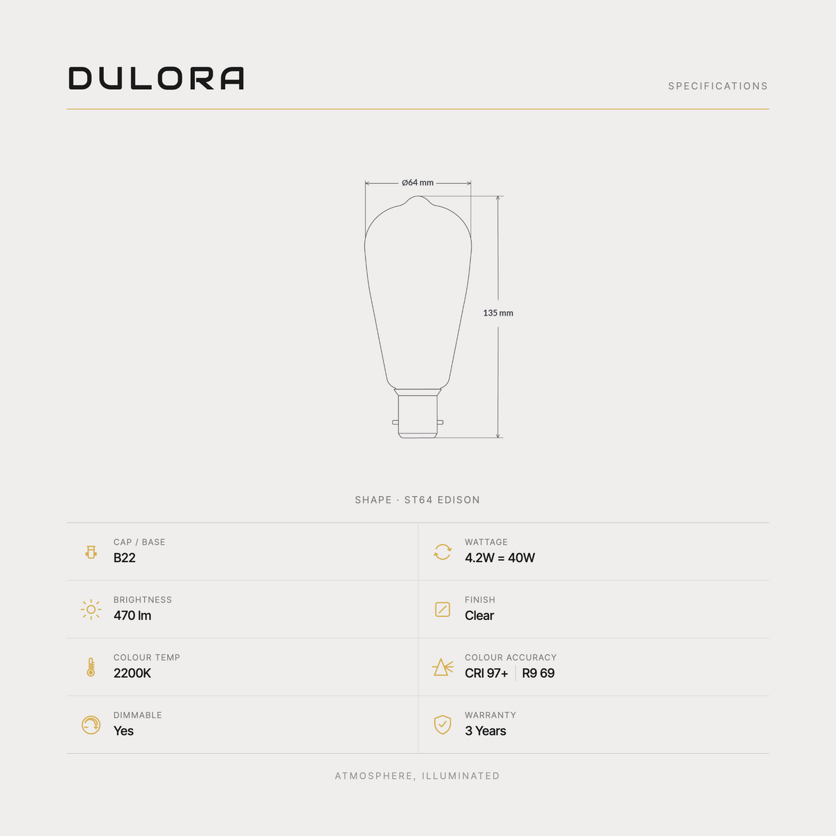 Dulora 4.2W ST64 Edison LED bulb B22 specifications: 470 lumens, 2200K, CRI 97+ R9 69, dimmable, 3-year warranty