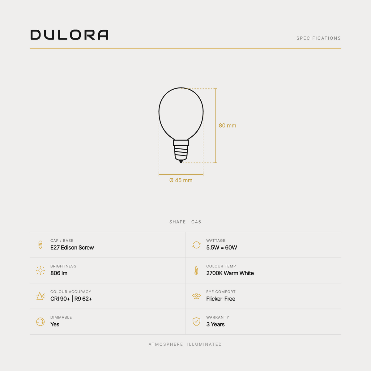 Dulora 5.5W G45 fancy round LED bulb E27 clear specifications: 806 lm, 2700K warm white, CRI 90+ and R9 62+, dimmable, flicker-free, 3 year warranty, 80mm by 45mm