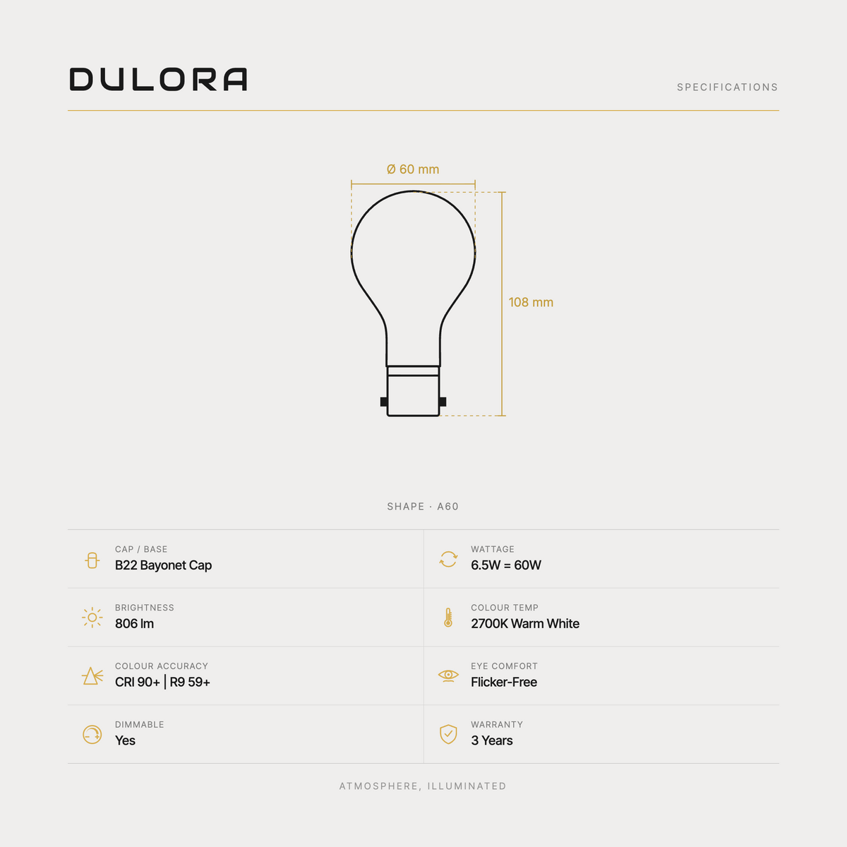 Dulora 6.5W A60 GLS LED bulb B22 frost specifications: 806 lm, 2700K warm white, CRI 90+ and R9 59+, dimmable, flicker-free, 3 year warranty, 108mm by 60mm