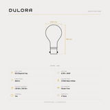 Dulora 6.5W A60 GLS LED bulb B22 frost specifications: 806 lm, 2700K warm white, CRI 90+ and R9 59+, dimmable, flicker-free, 3 year warranty, 108mm by 60mm
