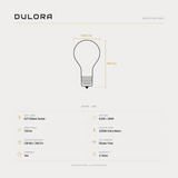 Dulora 6.5W A60 GLS LED bulb E27 clear extra warm specifications: 720 lm, 2200K extra warm, CRI 90+ and R9 51+, dimmable, flicker-free, 3 year warranty, 108mm by 60mm