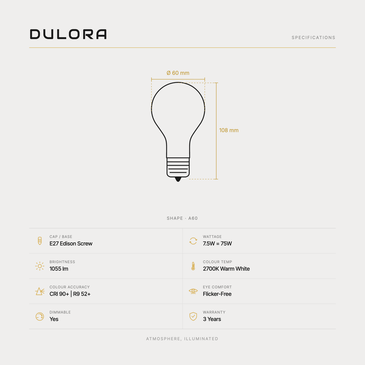 7.5W GLS LED Bulb E27 Frost Warm White (F7.527-A60-F-27K) specifications