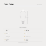 Dulora Sunset Dim Edison ST64 LED bulb E27 specifications: 806 lumens, 1800-2700K dim-to-warm, CRI 95+, dimmable, 3-year warranty