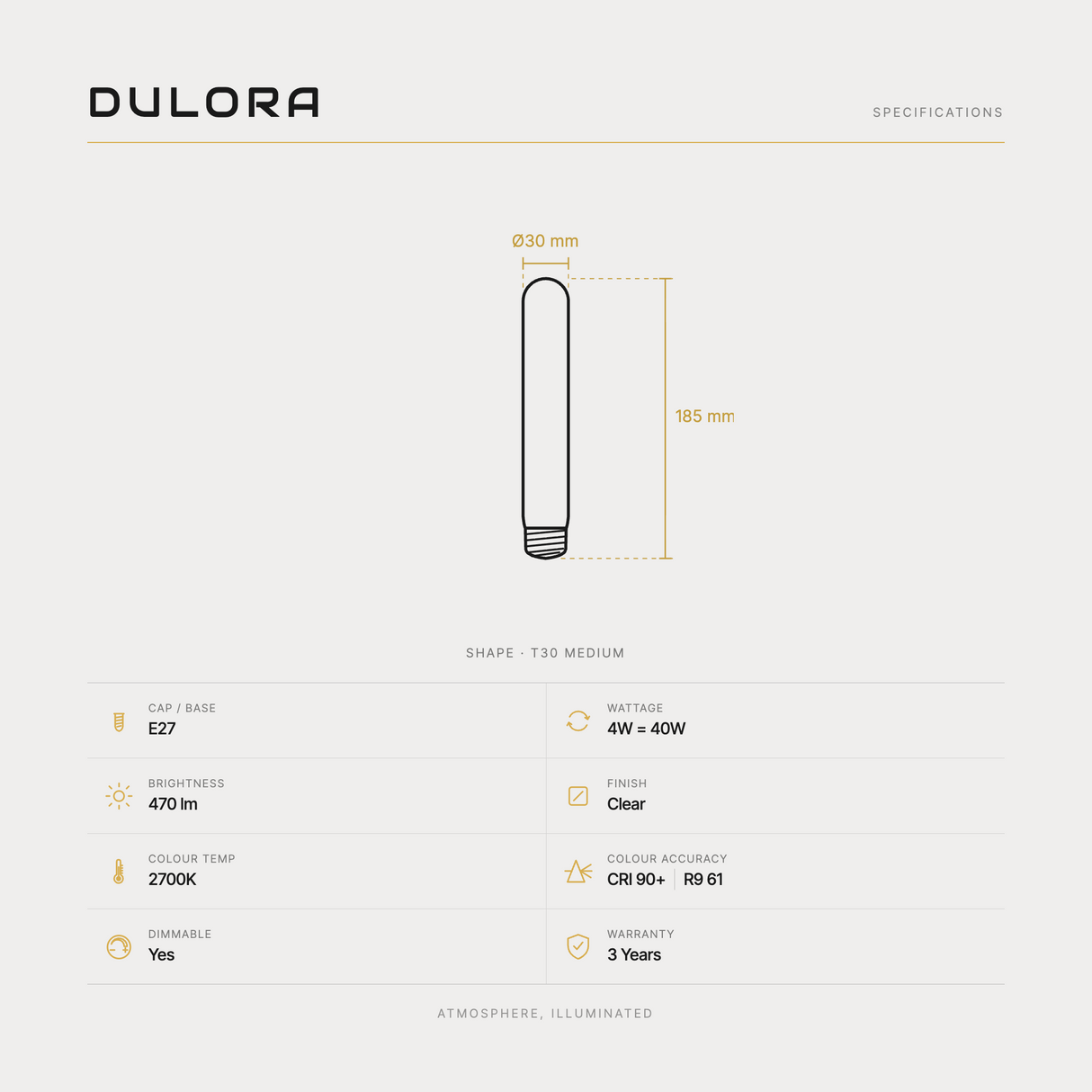 4W Medium Tube Clear LED bulb E27 specifications: 30x185mm, 470 lm, 2700K, CRI 90+, R9 61, dimmable, 3-year warranty