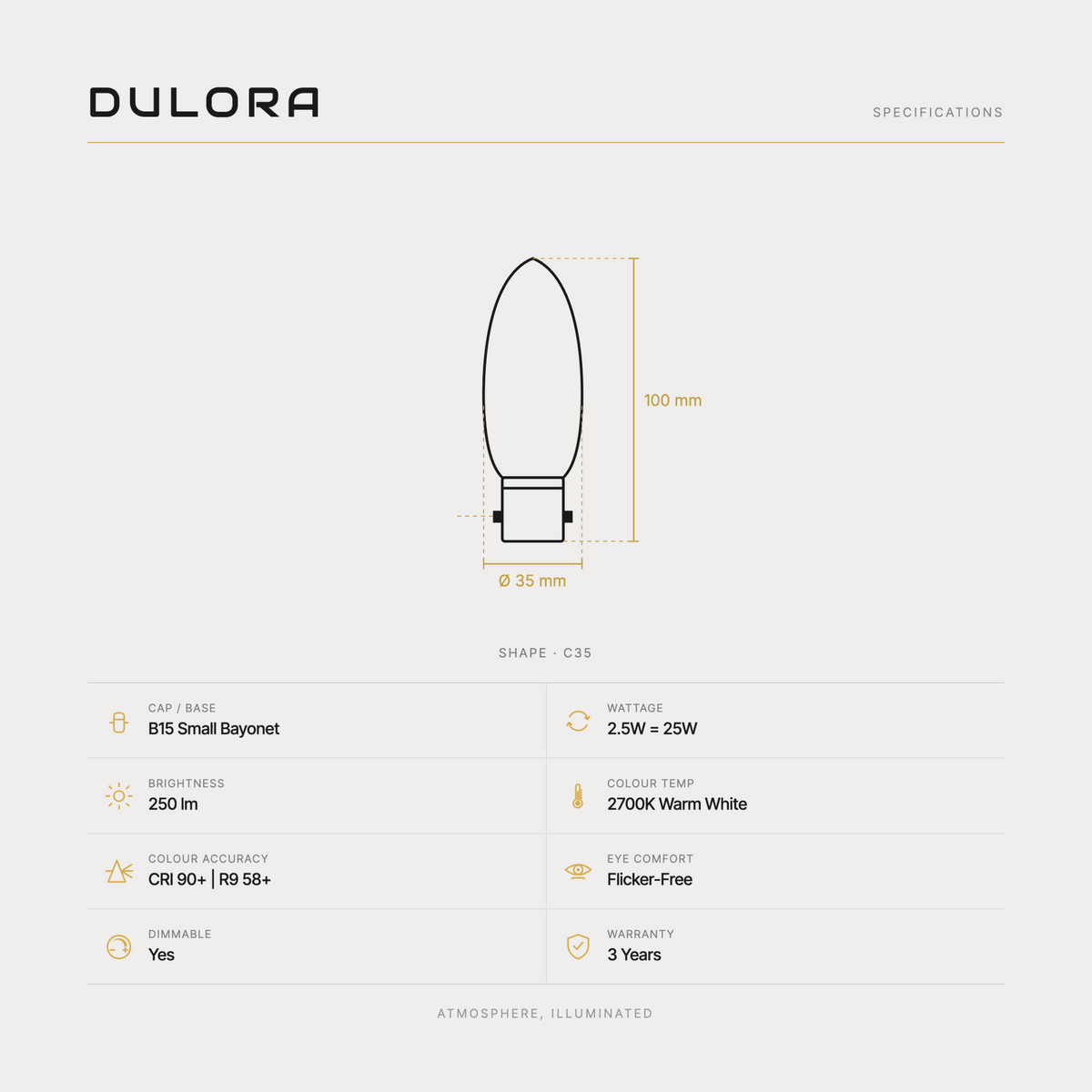 Dulora 2.5W C35 candle LED bulb B15 clear specifications: 250 lm, 2700K warm white, CRI 90+ | R9 58+, dimmable, flicker-free, 3 year warranty, 100mm by 35mm