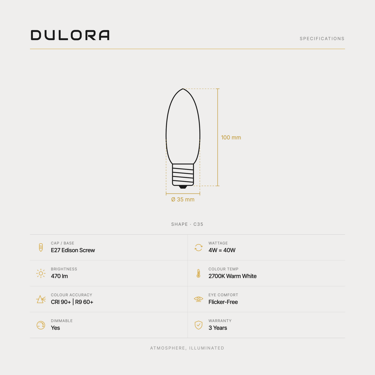 Dulora 4W C35 candle LED bulb E27 clear specifications: 470 lm, 2700K warm white, CRI 90+ | R9 60+, dimmable, flicker-free, 3 year warranty, 100mm by 35mm
