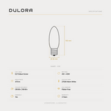 Dulora 4W C35 candle LED bulb E27 clear specifications: 470 lm, 2700K warm white, CRI 90+ | R9 60+, dimmable, flicker-free, 3 year warranty, 100mm by 35mm