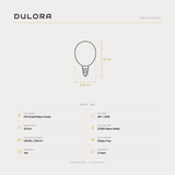 Dulora 4W G45 fancy round LED bulb E14 clear specifications: 470 lm, 2700K warm white, CRI 90+ | R9 47+, dimmable, flicker-free, 3 year warranty, 80mm by 45mm