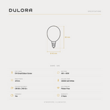 Dulora 4W G45 fancy round LED bulb E14 frost soft white specifications: 470 lm, 3000K soft white, CRI 90+ | R9 52+, dimmable, flicker-free, 3 year warranty, 80mm by 45mm