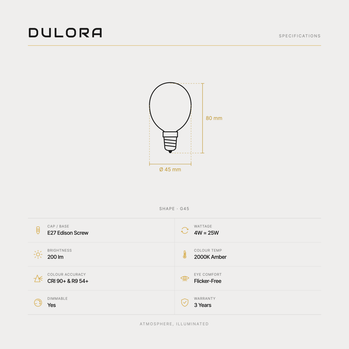 Dulora 4W G45 vintage fancy round LED bulb E27 amber specifications: 200 lm, 2000K amber, CRI 90+ and R9 54+, dimmable, flicker-free, 3 year warranty, 80mm by 45mm
