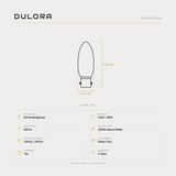 Dulora 5.5W C35 candle LED bulb B15 clear 4000K specifications: 806 lm, 4000K natural white, CRI 90+ | R9 63+, dimmable, flicker-free, 3 year warranty, 100mm by 35mm