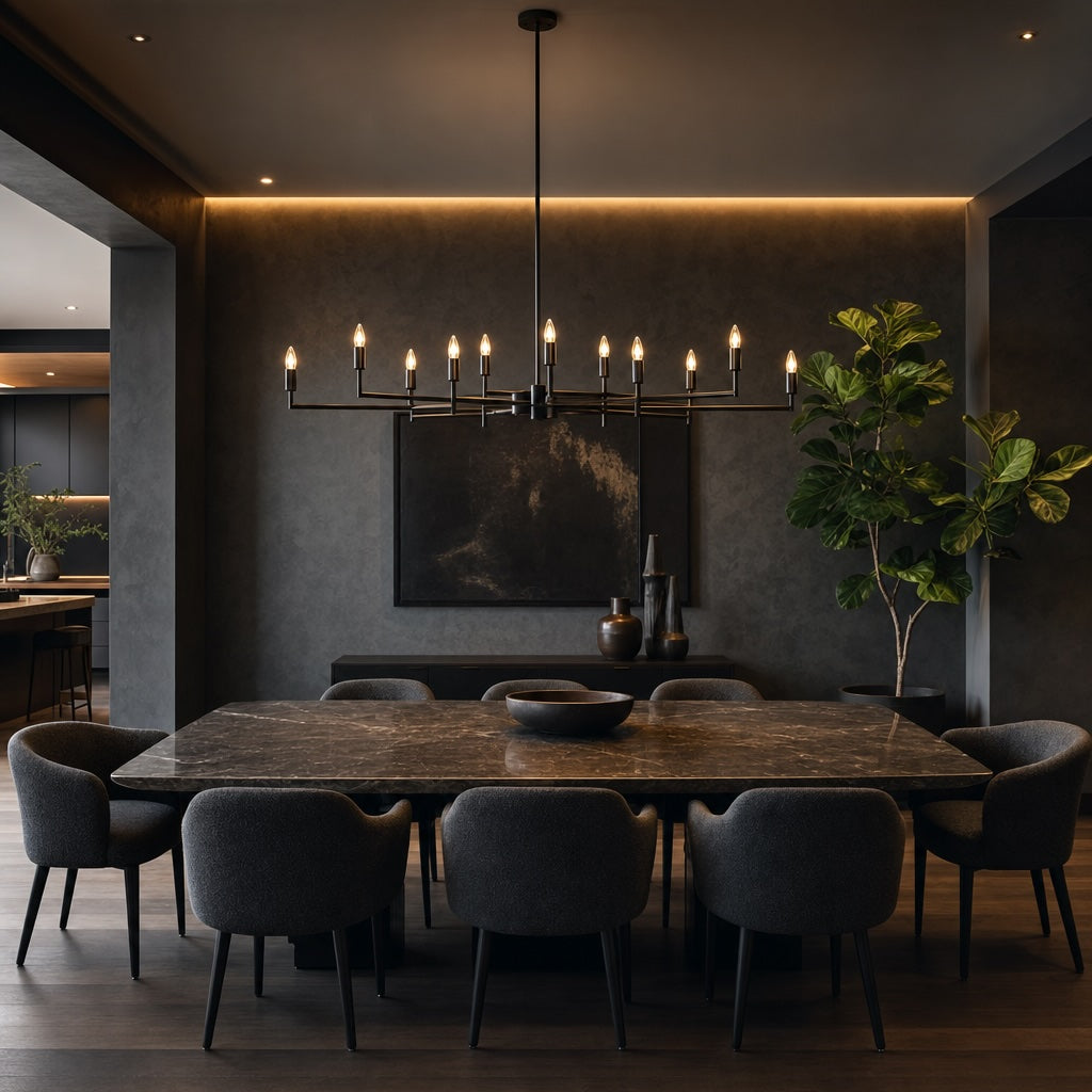 Dulora C35 Clear Candle LED Bulbs illuminating a modern matte black chandelier in a luxury dining room setting