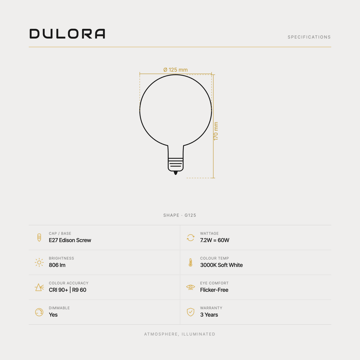 Dulora 7.2W G125 LED Globe E27 Porcelain Soft White specifications: E27 Edison Screw, 7.2W = 60W, 806 lumens, 3000K Soft White, CRI 90+, R9 60, flicker-free, dimmable, 3 year warranty.