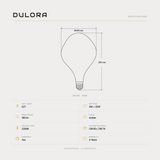 Dulora The Grand 180 specifications: A180 amber globe, 180 mm diameter by 285 mm, E27, 4W = 25W, 180 lm, 2200K, CRI 95+ R9 74, dimmable, 3-year warranty